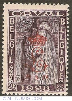 Image #1 of 2 Francs + 40 Centimes 1929 - Orval Abbey with overprint "Crowned L" - Monk