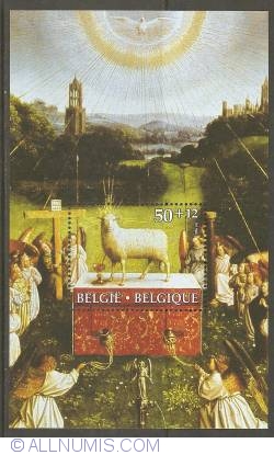 Image #1 of 50 + 12 Francs 1986 - Jan and Hubert Van Eyck - The Adoration of the Mystic Lamb - Central Panel - Souvenir Sheet