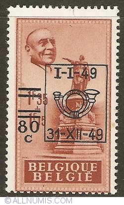 Image #1 of 80 Centimes 1949 - Statue of Jacob Van Artevelde overprint on 1,35 Francs